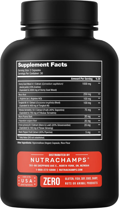 NutraChamps Horny Goat Weed, 1000mg Epimedium Energy Supplement, 10X Strength Icariin, Ginseng, Tribulus & Maca Pills for Women & Men, Enhanced Absorption with Black Pepper, 60 Vegan Capsules