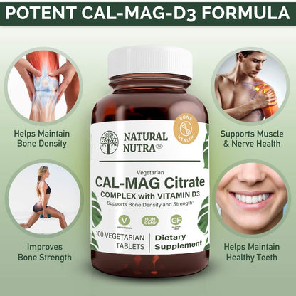 Natural Nutra Cal-Mag Citrate with Vitamin D3,1000/500 mg Complex, Strengthen Bone Density, Muscle and Nerve Health, Help Maintain Healthy Teeth, Highly Bioavailable Sources, 100 Vegan Tablets