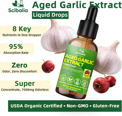Aged Garlic Extract Liquid Drops, Odorless Garlic Supplement with CoQ10 Cayenne Hawthorn Berry Nattokinase Omega-3 Vitamin B6 & B12 for Heart Immune Health Support, Grown Allium Sativum Bulb