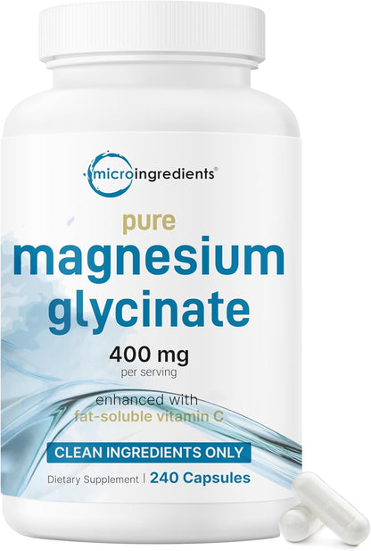 Micro Ingredients Pure Magnesium Glycinate 400mg Per Serving, 240 Capsules | Chelated Mineral Supplements with Elemental Form | Non-GMO, Filler Free