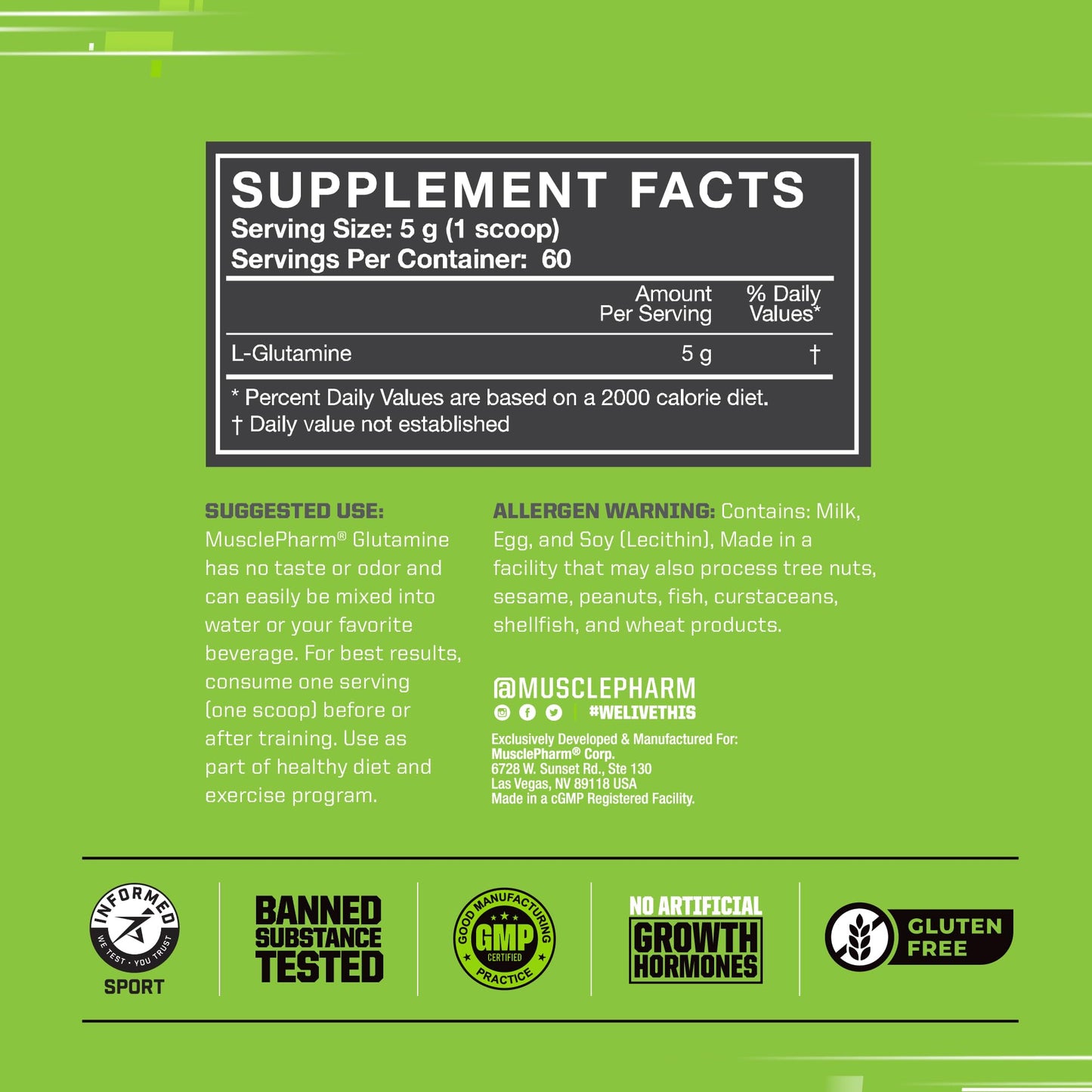 MusclePharm Glutamine, Pure L-Glutamine Powder Supplement for Post Workout Muscle Recovery, Energy & Gut Health, 5g L Glutamine Powder per Serving, Gluten-Free, Unflavored, 60 Servings