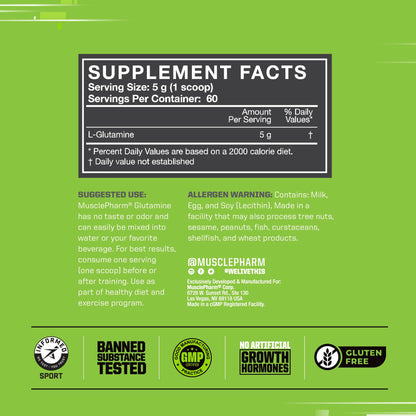 MusclePharm Glutamine, Pure L-Glutamine Powder Supplement for Post Workout Muscle Recovery, Energy & Gut Health, 5g L Glutamine Powder per Serving, Gluten-Free, Unflavored, 60 Servings