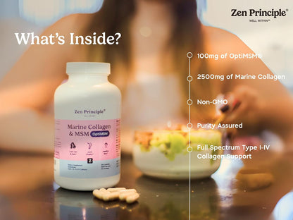 Zen Principle Marine Collagen Peptides Powder with OptiMSM® Supplement. Clinically Tested for Skin Support. Wild-Caught Fish, Non-GMO. 210 Capsules.