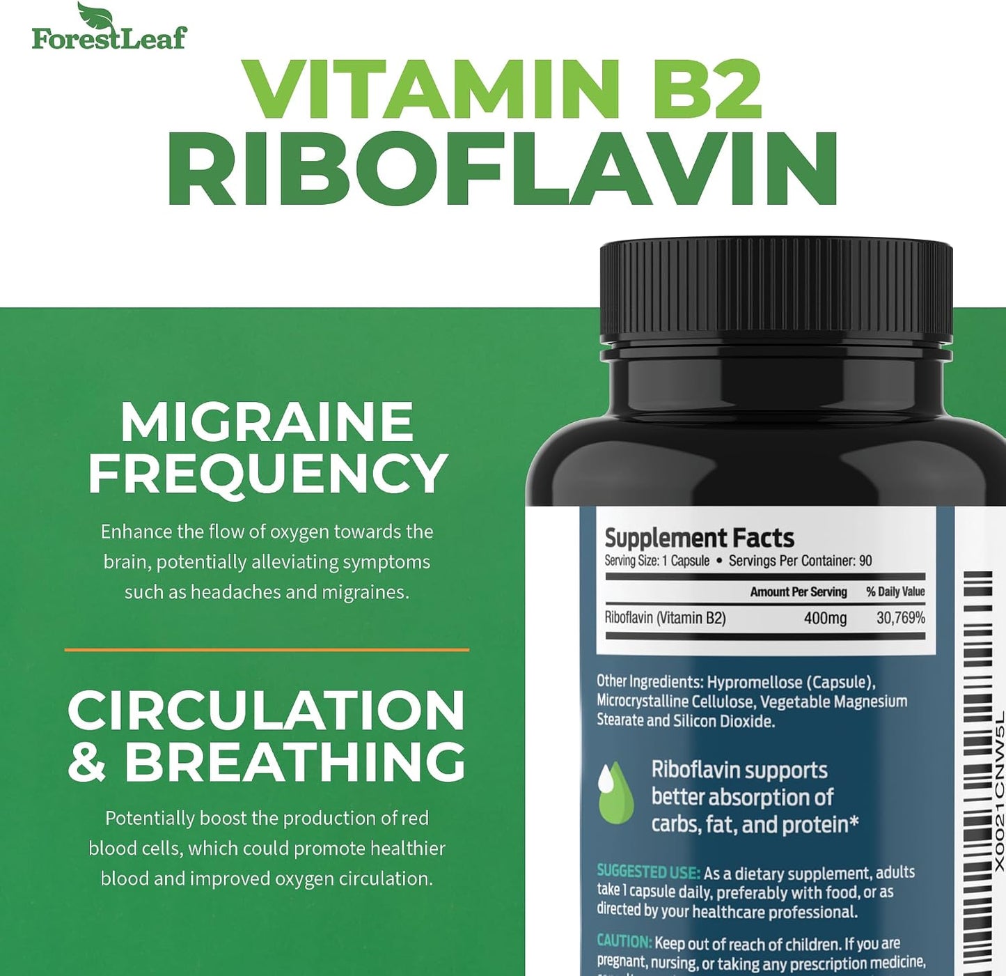 ForestLeaf Riboflavin & Magnesium Migraine Supplement - Riboflavin 400mg for Headache Relief - Ultimate Magnesium Glycinate Bundle with B2 Vitamin 400mg for Headache Migraine Relief Capsules