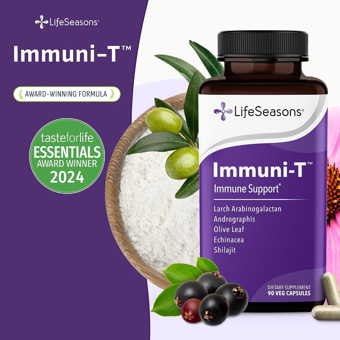 LifeSeasons Immuni-T - Immune Support Supplement - Immunity System Booster - Natural Cold & Flu Relief - Elderberry, Echinacea, Andrographis, Arabinogalactans & Olive Leaf - 90 Capsules