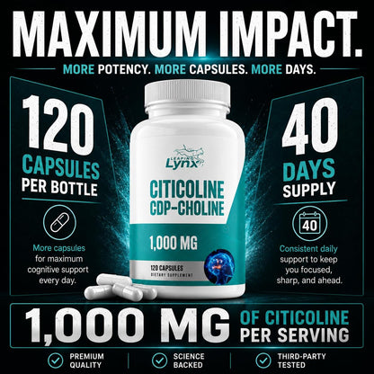 Leaping Lynx Citicoline 1000 mg (CDP Choline) Capsules – 120 Count – CDP Choline Supplement for Brain, Focus & Memory Support – Nootropic Choline Supplement – Non-GMO, ISO-Certified