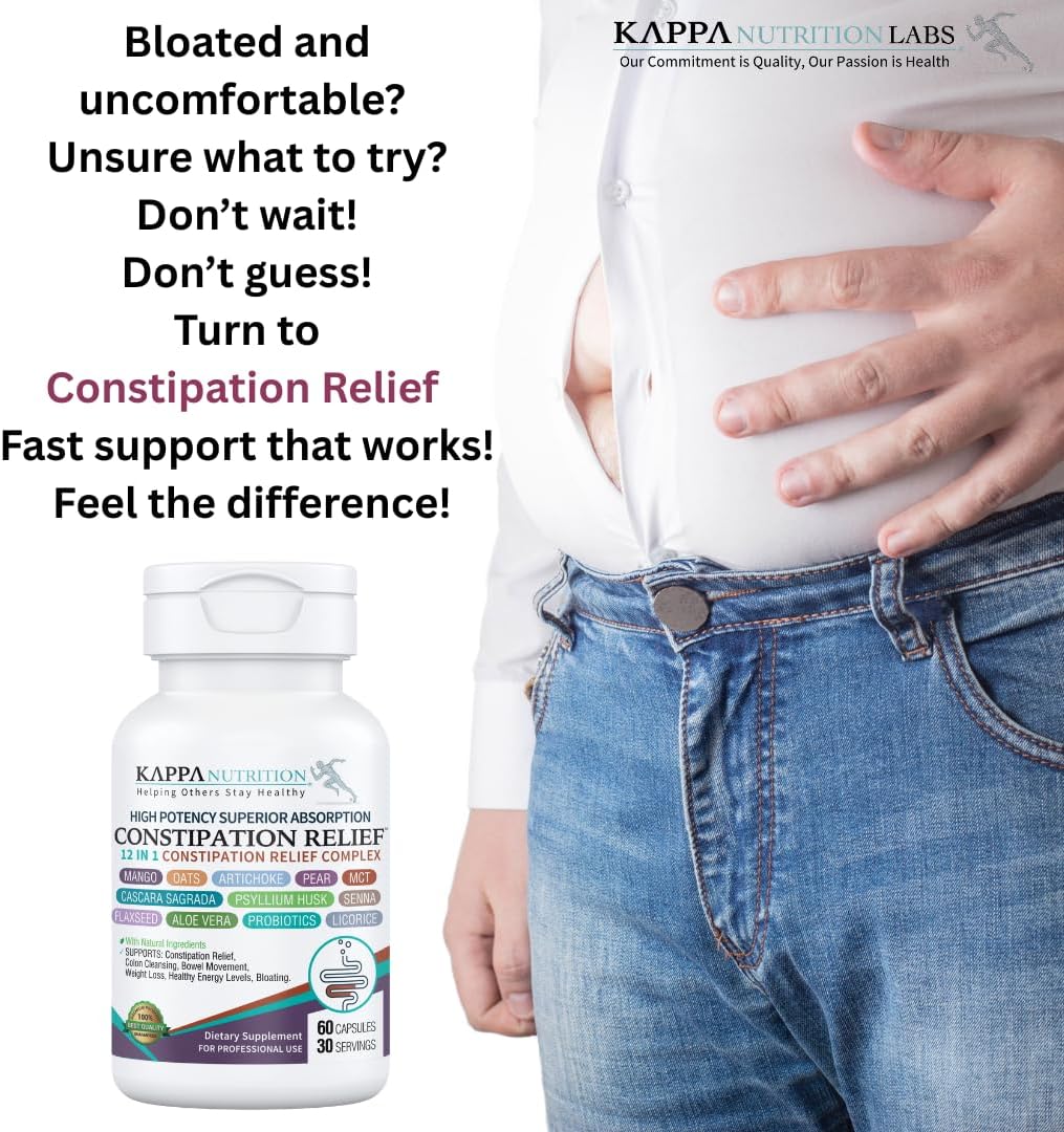KAPPA NUTRITION Constipation Relief Supplement – Gentle Colon Cleanse for Regularity & Gut Health – Non-Habit Forming Formula with Fiber, Herbs & Probiotics – Non-GMO, 60 Capsules