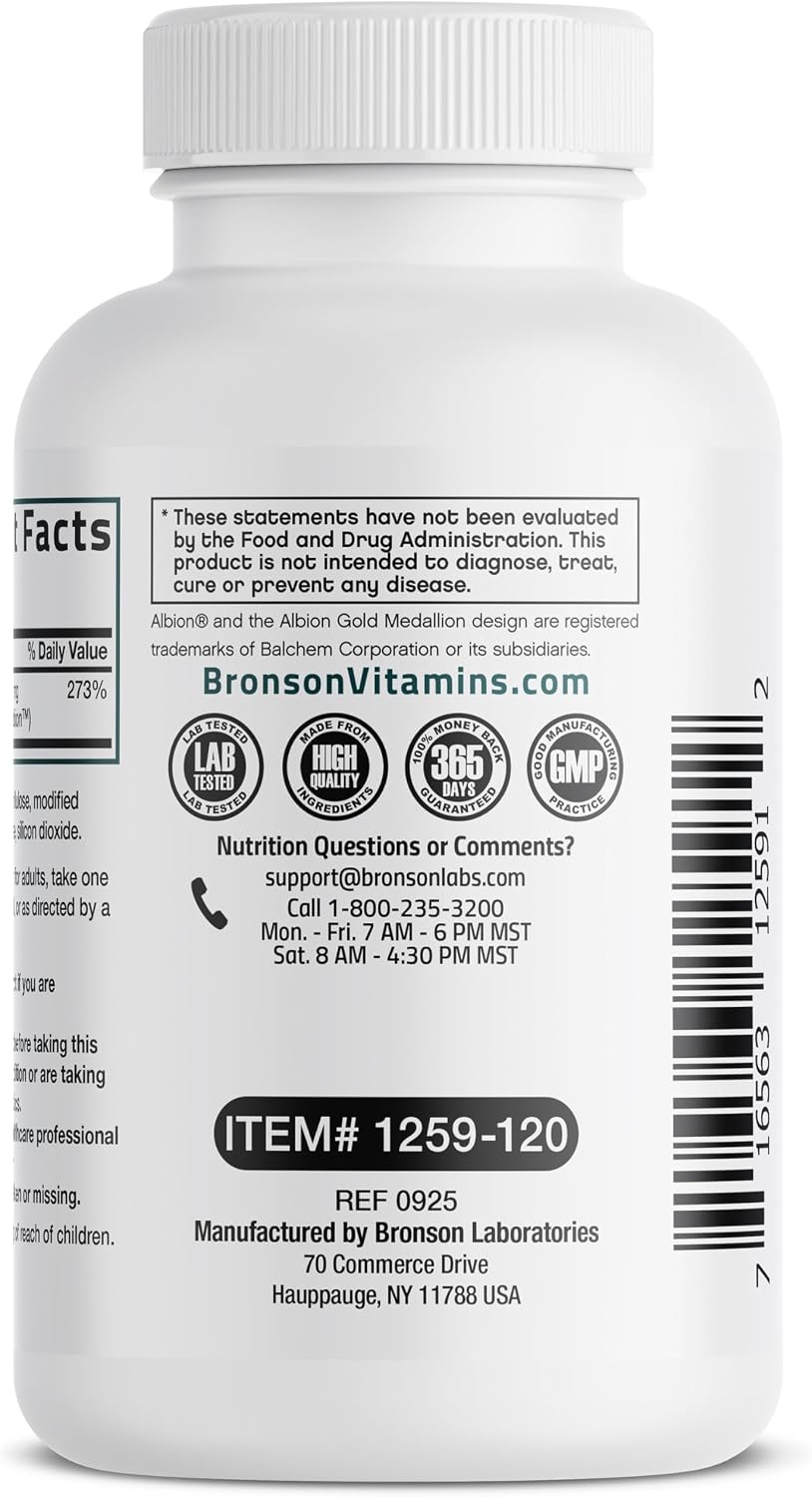 Bronson Zinc Glycinate 30mg Chelated Superior Absorption 100% Chelated Formula Non-GMO, 120 Vegetarian Capsules