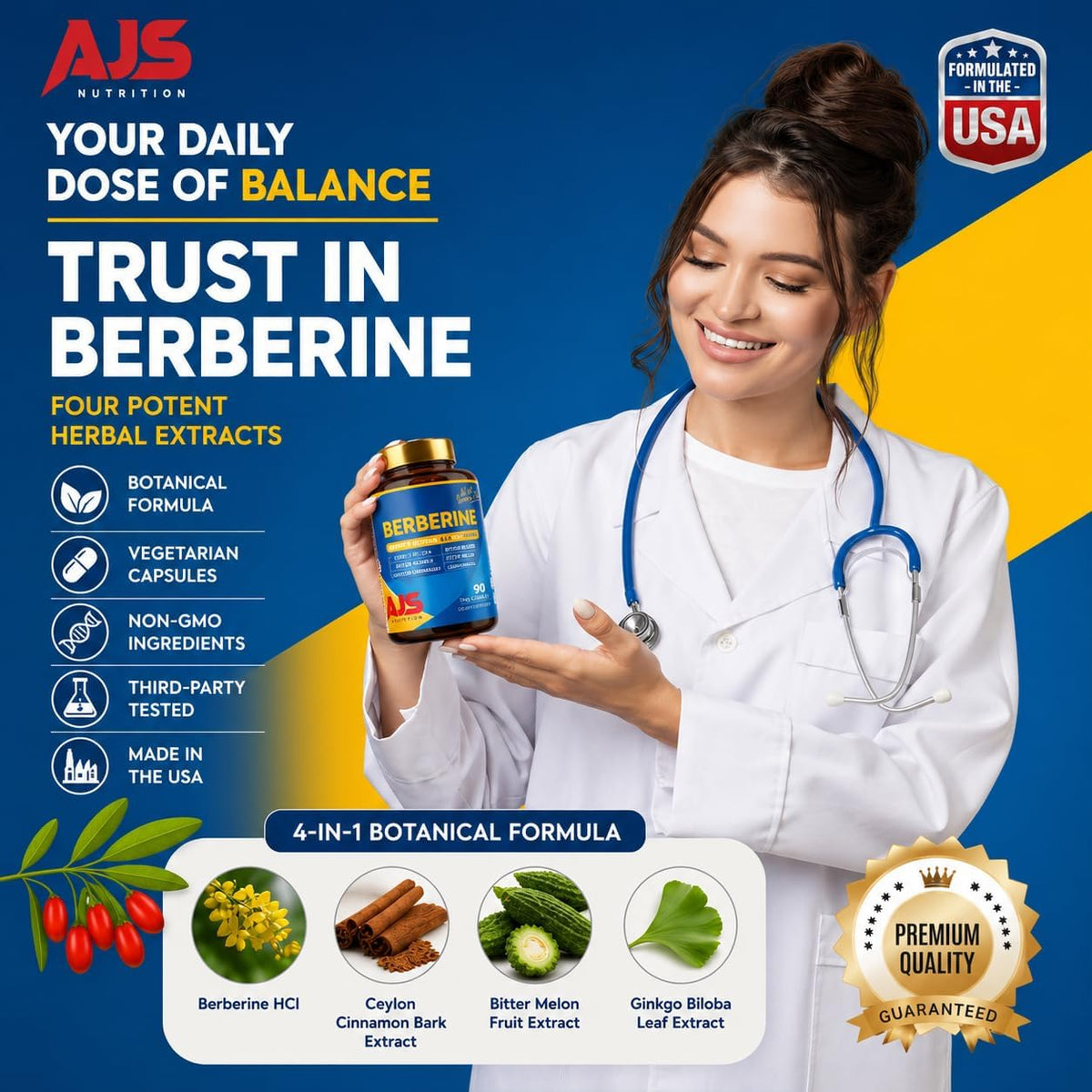 AJS Berberine HCl Supplement with Ceylon Cinnamon Bark, Bitter Melon Fruit