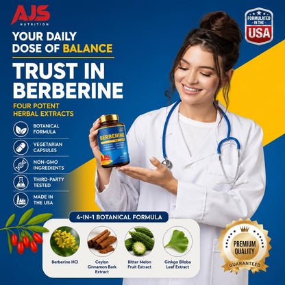 AJS Berberine HCl Supplement with Ceylon Cinnamon Bark, Bitter Melon Fruit