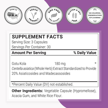 Supersmart - Centella Asiatica 180mg per Day - Gotu Kola Extract Supplement | Non-GMO & Gluten Free - 90 Vegetarian Capsules