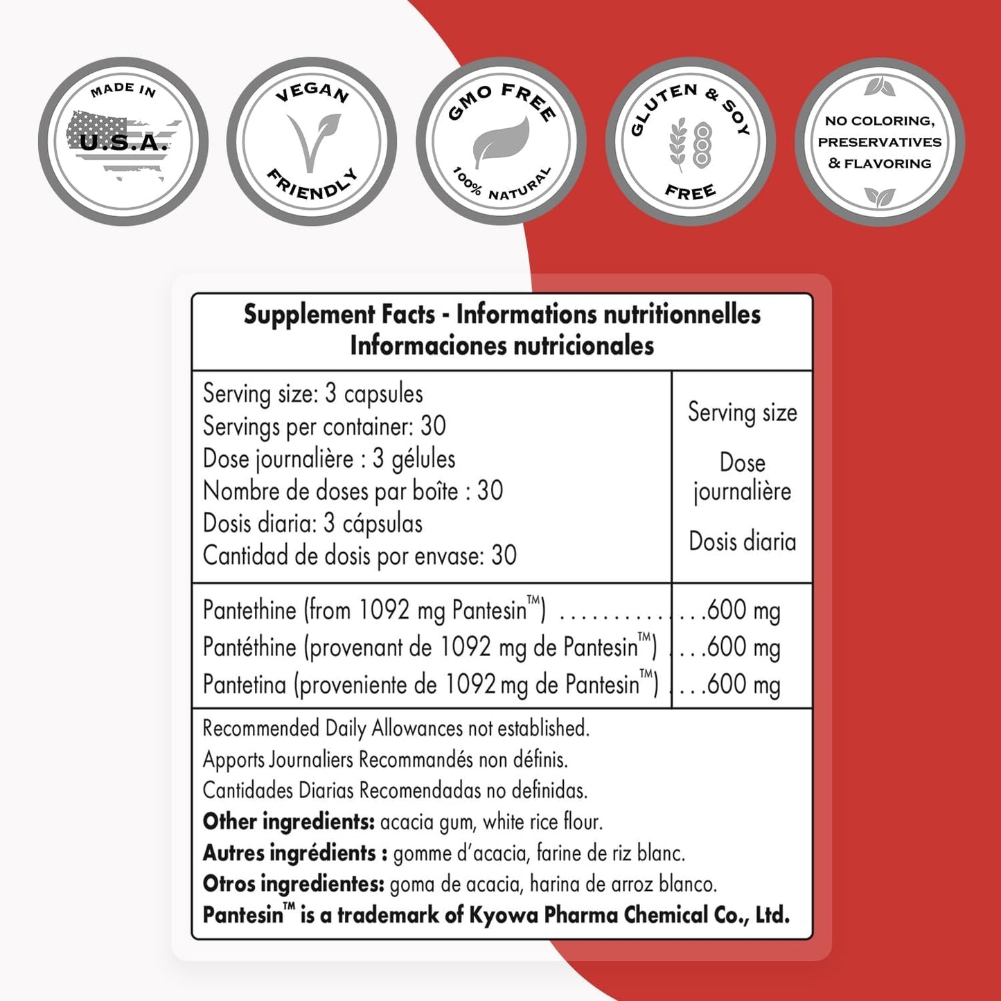 Supersmart - Pantesin Pantethine 600 mg per Day (Pantothenic Acid) - Active Vitamin B5 Supplement | Non-GMO & Gluten Free - 90 Vegetarian Capsules
