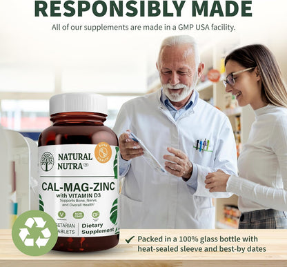 Natural Nutra Calcium Magnesium Zinc (Cal-Mag Zinc) with Vitamin D3,100 | Bone, Teeth, Muscle & Nerve Support, Gluten Free, Sugar Free