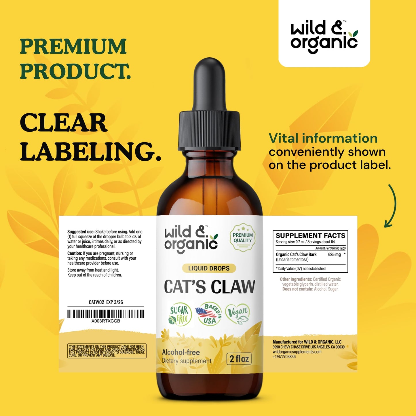 Wild & Organic Cats Claw Herb Supplement - Immune Support - Pure Cats Claw Tincture - Add to Tea Liquid Drops - Uncaria Tomentosa Bark - Vegan, Sugar & Alcohol-Free - 4 fl oz