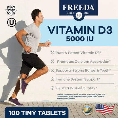 FREEDA Vitamin D3-5000 IU - Pure High Potency Kosher Supplement Tablets - Bone and Muscle Health, Calcium Absorption, Immune Support for Men and Women* - 250 Count | High Potency Vitamin D3 Supplement with 5000 IU Tablets - Support Bone Health, Muscle Fun