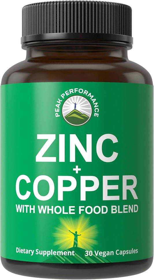Peak Performance Zinc with Copper + Whole Food Blend of 25 Vegetables and Fruits for Max Absorption - Immune Support Supplement Capsules - Two Essential Minerals for Immunity - Pills for Men & Women