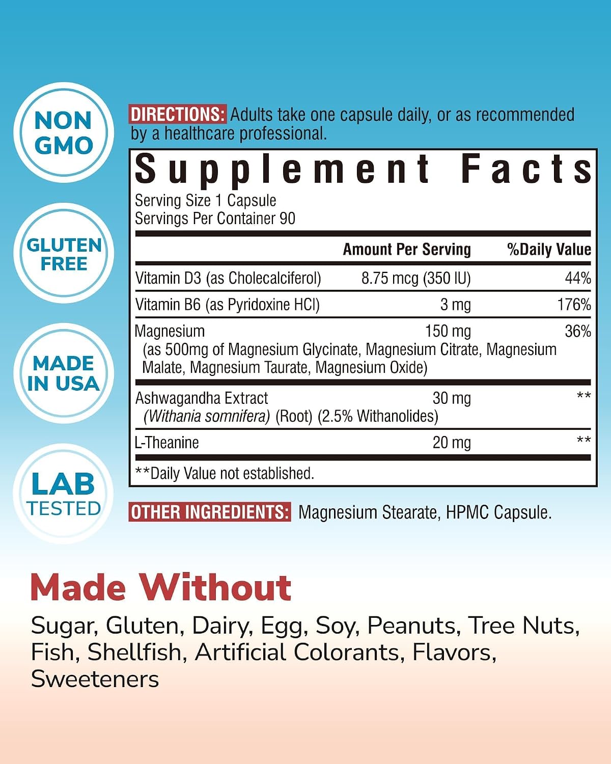 Vitalibre Magnesium Complex with Ashwagandha, L-Theanine & Vitamin D3, B6 | Stress Relief, Bone & Relaxation Support - w/ Magnesium Glycinate, Citrate, Malate, Taurate - Non-GMO, 90 Capsules