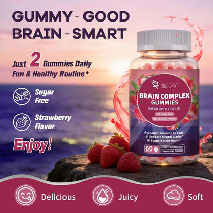 Migcopat Brain Supplements for Memory and Focus Gummies | Nootropic w/Bacopa Monnieri, Lion’s Mane, Ginkgo & 10-in-1 Mushroom Complex | Mental Clarity & Cognitive Support | Strawberry Flavor - 60 Cts