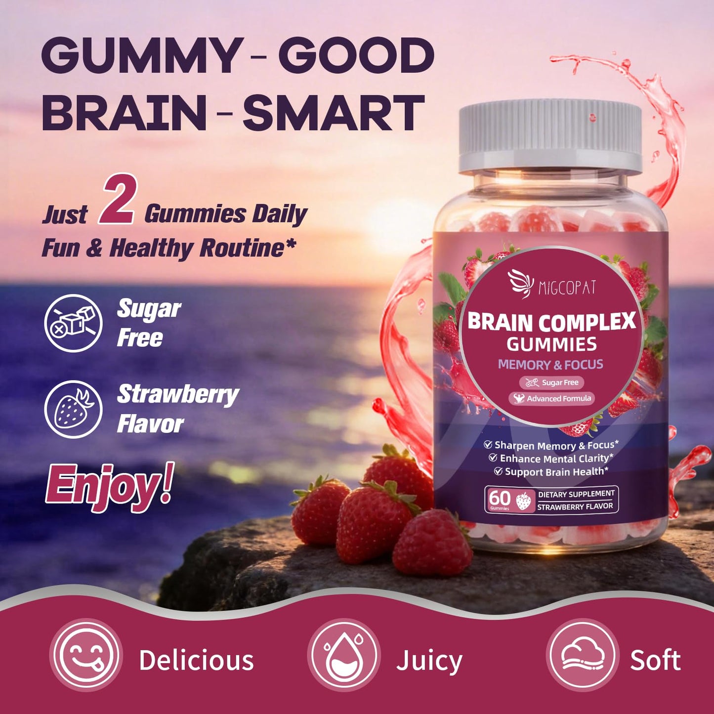 Migcopat Brain Supplements for Memory and Focus Gummies | Nootropic w/Bacopa Monnieri, Lion’s Mane, Ginkgo & 10-in-1 Mushroom Complex | Mental Clarity & Cognitive Support | Strawberry Flavor - 60 Cts