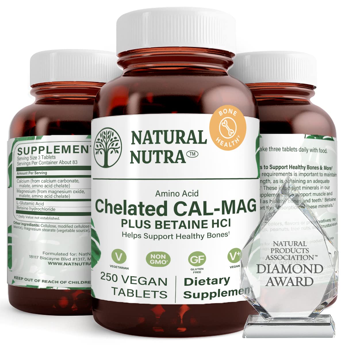 Natural Nutra Chelated Calcium Magnesium 1000/500 mg Supplements Plus Betaine HCL - Chelated Cal Mag Improves Bone Density, Supports Muscle, Teeth, Cardiovascular & Nerve Health, 100 Vegan Tablets