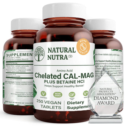 Natural Nutra Chelated Calcium Magnesium 1000/500 mg Supplements Plus Betaine HCL - Chelated Cal Mag Improves Bone Density, Supports Muscle, Teeth, Cardiovascular & Nerve Health, 100 Vegan Tablets