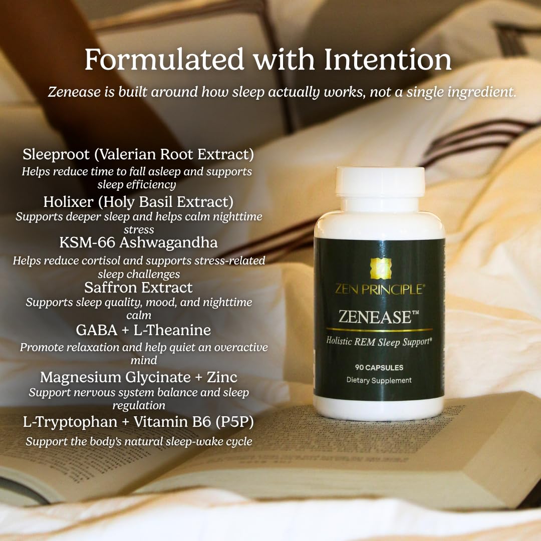 Zen Principle Zenease Sleep Support with Magnesium Glycinate, Ashwagandha KSM-66®, Saffron, L-Theanine & GABA – No Melatonin, Natural Stress Relief & Sleep Aid. 90 Capsules
