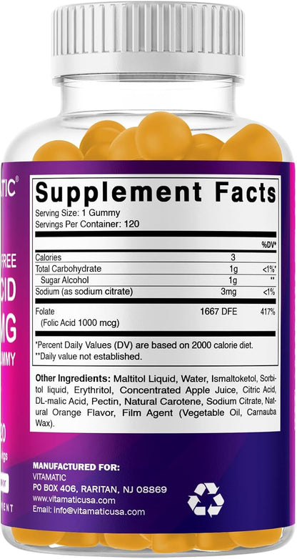 Vitamatic Sugar Free Folic Acid 1 mg Gummies 120 Count Orange Flavor | 1 mg Folic Acid, 1667 mcg DFE per gummy, Healthy cell growth, red blood cell formation, Gluten Free, Non GMO