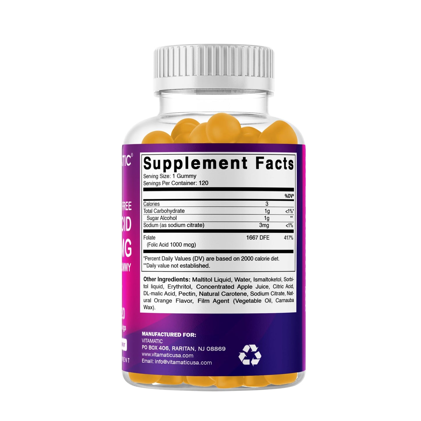 Vitamatic Sugar Free Folic Acid 1 mg Gummies 120 Count Orange Flavor | 1 mg Folic Acid, 1667 mcg DFE per gummy, Healthy cell growth, red blood cell formation, Gluten Free, Non GMO