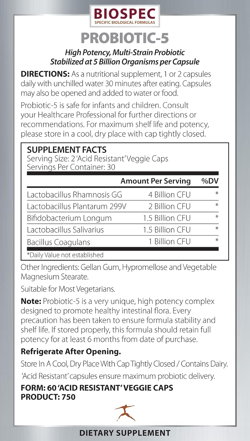 BIOSPEC NUTRITIONALS Probiotic-5 – Broad-Spectrum Probiotic Complex w/ 5 Billion Microorganisms and 5 Unique Strains per Capsule