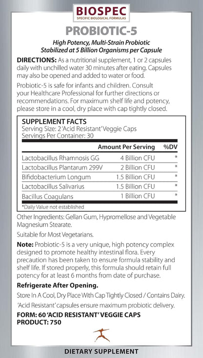 BIOSPEC NUTRITIONALS Probiotic-5 – Broad-Spectrum Probiotic Complex w/ 5 Billion Microorganisms and 5 Unique Strains per Capsule