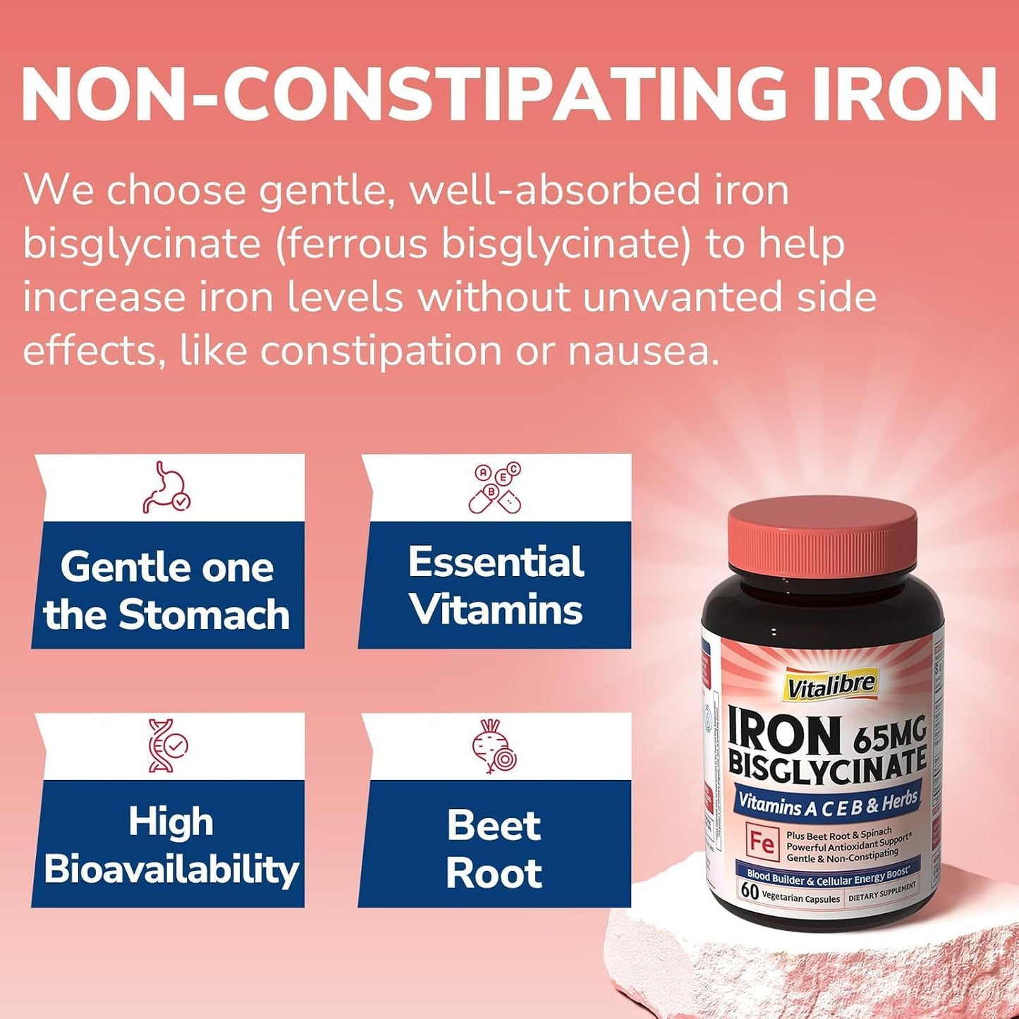 Vitalibre Iron Supplement for Women and Men, Iron Bisglycinate, 65mg Elemental Iron, Non-Constipating, with Vitamins C B6 B12 Folate & Beet Root, 60 Caps
