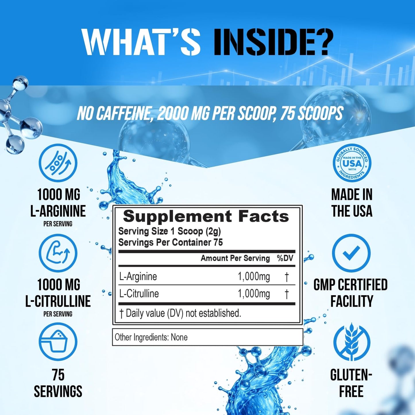 L Arginine L Citrulline Powder - Invigorating Nitric Oxide Powder with Ideal 1:1 Ratio L-Citrulline & L-Arginine 1000mg Each Per Serving for Enhanced Pumps Energy & Stamina (Unflavored, 75 Servings)
