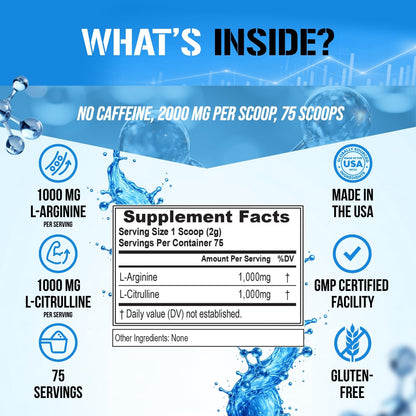 L Arginine L Citrulline Powder - Invigorating Nitric Oxide Powder with Ideal 1:1 Ratio L-Citrulline & L-Arginine 1000mg Each Per Serving for Enhanced Pumps Energy & Stamina (Unflavored, 75 Servings)