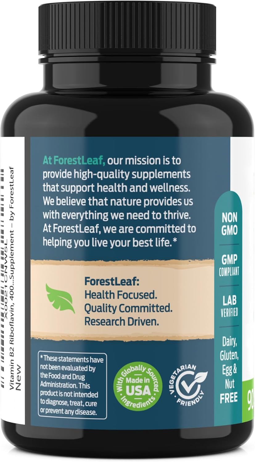 ForestLeaf Vitamin B2 Riboflavin 400mg - Energy, Skin & Cellular Health Supplement - Nervous System Support - Vitamin B 2 VIT B - Non-GMO & Gluten Free - B2 Vitamin 400mg Vegetable Capsules, 90 Count