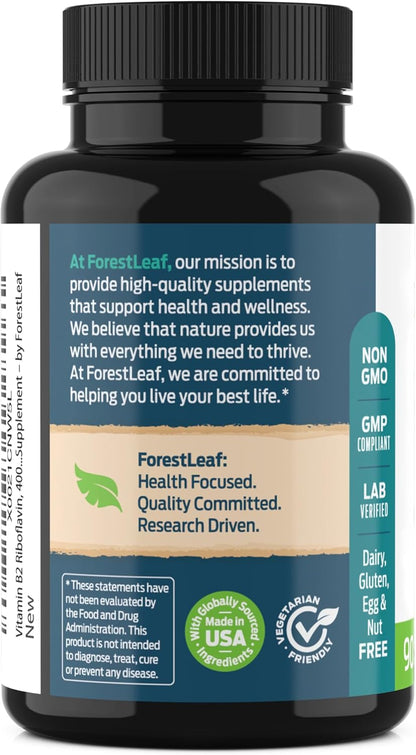 ForestLeaf Vitamin B2 Riboflavin 400mg - Energy, Skin & Cellular Health Supplement - Nervous System Support - Vitamin B 2 VIT B - Non-GMO & Gluten Free - B2 Vitamin 400mg Vegetable Capsules, 90 Count