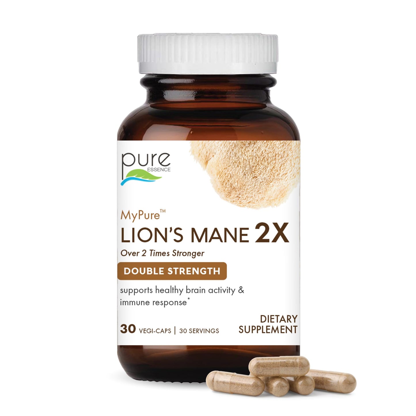 PURE ESSENCE LABS MyPure Lion's Mane 2X - Double Strength Brain Support Supplement with 100% Organic Fruiting Body Lion's Mane for Cognitive Health, Focus, Memory & Mental Clarity, 30 Capsules