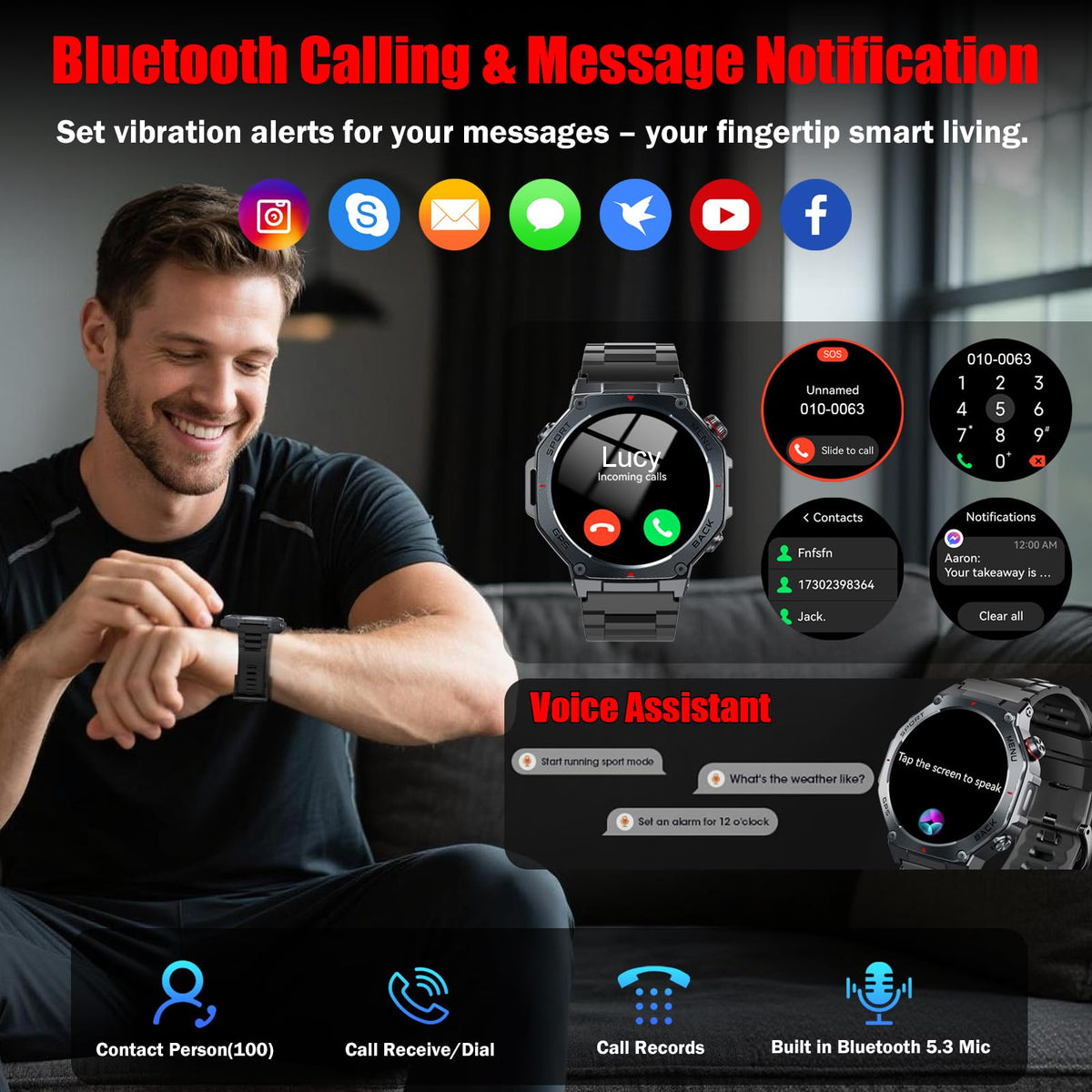 Jugeman Military Smart Watch for Men, Dual-Band GPS, 1.43" AMOLED Outdoor Smartwatch, 5ATM Waterproof Fitness Watch with Bluetooth Calls, Heart Rate/Sleep Monitor/Compass 160+ Sports for Android iOS