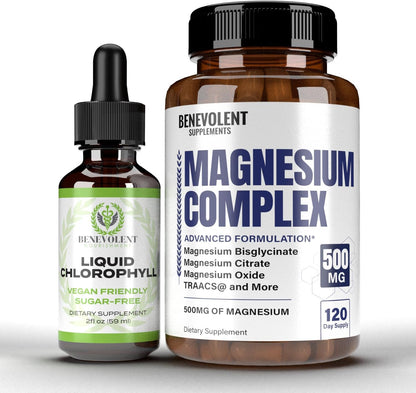 Benevolent Chlorophyll Liquid Drops & Magnesium Complex 4 Month Supply - Highly Concentrated Formula with 4X Potency for Skin Wellness and Freshness - 5 Premium Forms of Magnesium