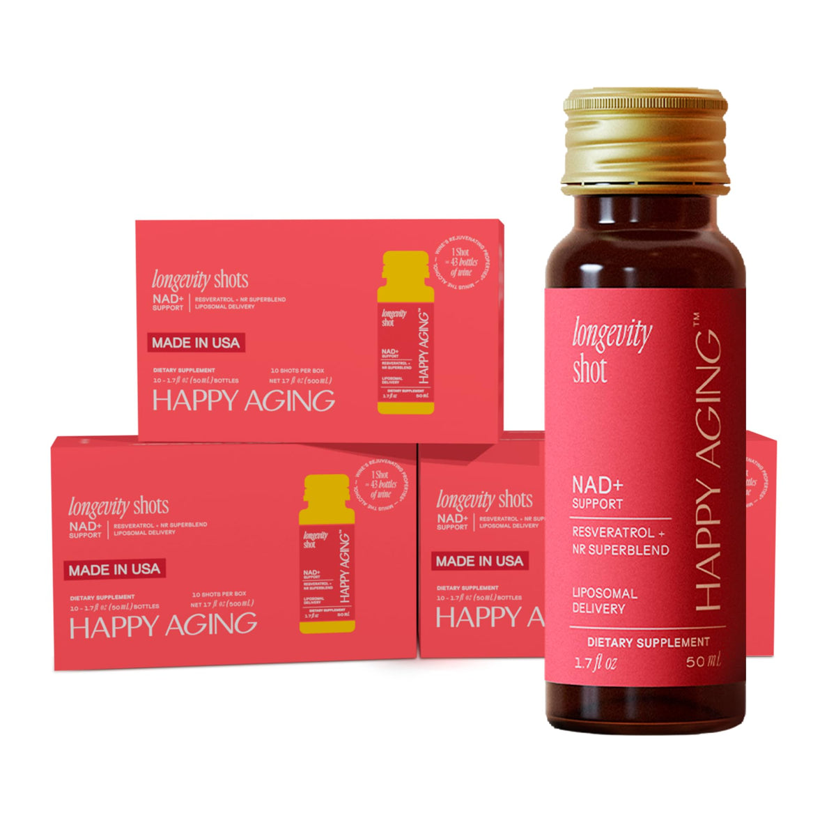 Happy Aging Liquid NAD+ Supplement for Women | Liposomal Nicotinamide Riboside & Resveratrol Shots for Energy, Skin Health & Brain Fog | NMN Alternative with Antioxidants | 10 Shots, 30-Day Supply