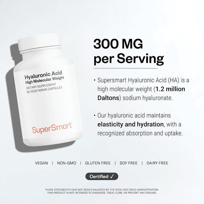 Supersmart Hyaluronic Acid Supplement 300mg per Day (Sodium Hyaluronate) - High Molecular Weight 1.2 Million Daltons | Non-GMO & Gluten Free - 60 Vegetarian Capsules