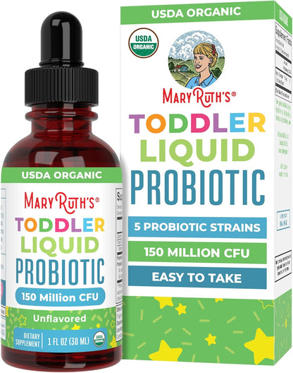 MaryRuth's Organic Toddler Probiotic Liquid Drops | Kids Probiotics for Ages 1-3 | 5 Probiotic Strains | 150 Million CFU Per Serving | USDA Organic | Sugar Free | Vegan | Gluten Free | 1 Fl O