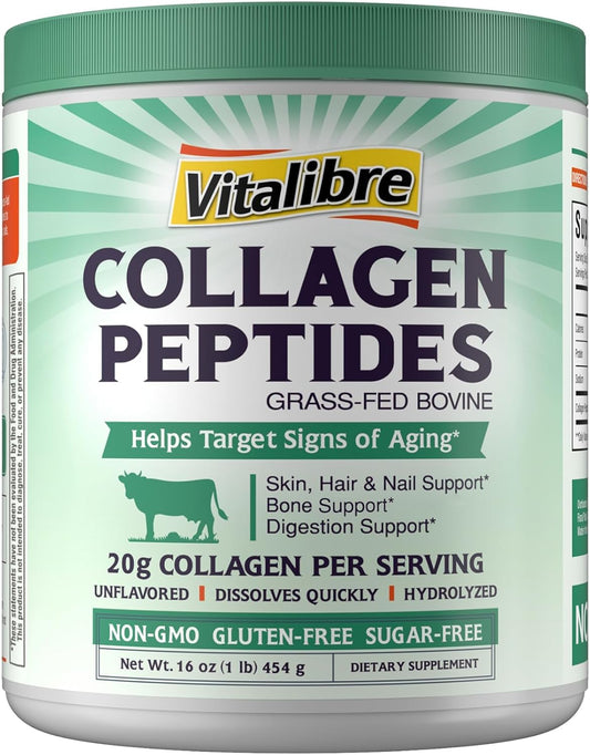 Vitalibre Bovine Collagen Peptides Powder for Women and Men, Grass-Fed Hydrolyzed Collagen Protein Type I & III, Skin, Hair, Nails, Bones, Digestion, Unflavored, Non-GMO, Keto & GF, 22 Servings, 16oz