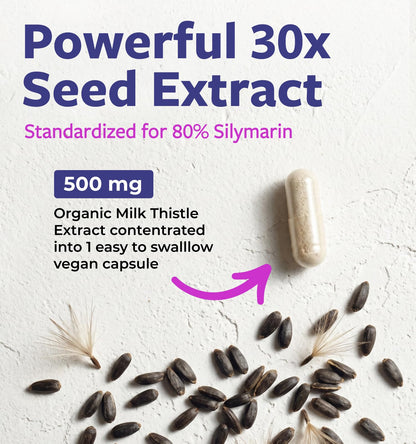 USDA Organic Milk Thistle Capsules - 80% Silymarin Supplement for Liver Support- Super Concentrated 300mg of 30:1 Milk Thistle Extract Equivalent to 9,000mg - Milk Thistle Liver Detox 60 Day Supply