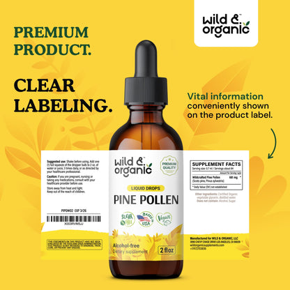 Wild & Organic Pine Pollen Tincture - Pine Pollen for Men & Women - Add to Tea & Drink - Pure Pinus Massoniana Extract Drops - Vegan, Sugar & Alcohol-Free Liquid Supplement - 4 fl oz