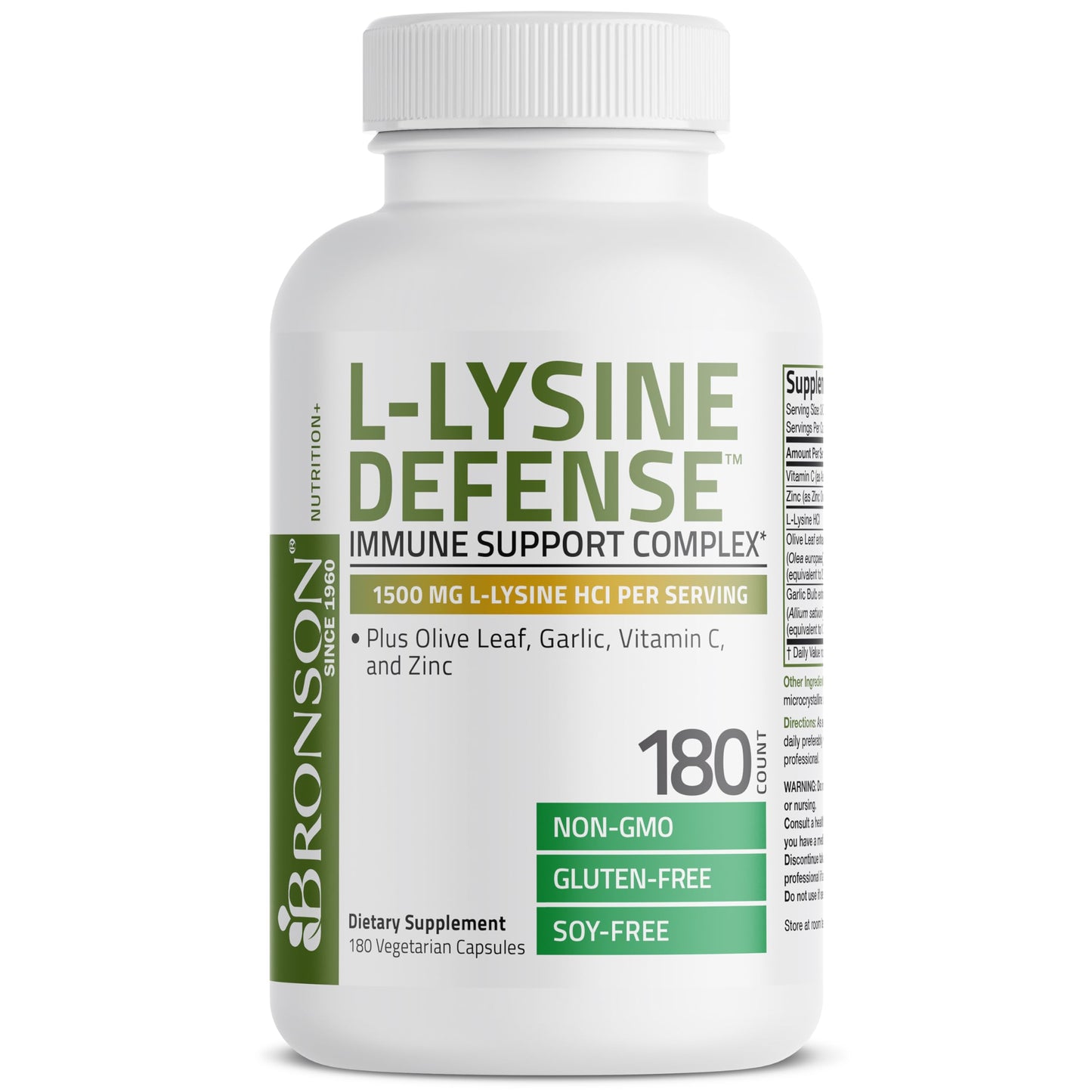 Bronson L-Lysine Defense Immune Support Complex, 1500 mg, 90 Capsules | Essential Amino Acid with Olive Leaf, Garlic, Vitamin C & Zinc, Vegetarian, Non-GMO, Gluten-Free & Soy-Free