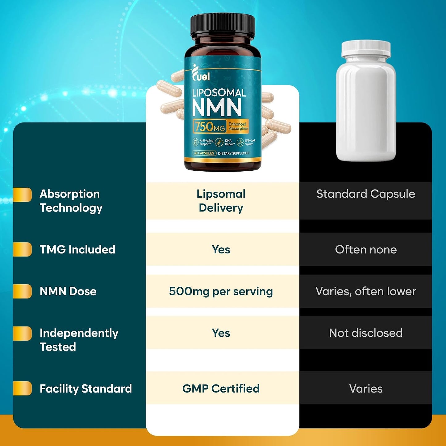 Fuel Liposomal NMN 750mg per Serving (500mg NMN + 250mg TMG) – Enhanced Absorption Nicotinamide Mononucleotide Supplement – NAD+ Support, 60 Capsules, Non-GMO, Lab Tested