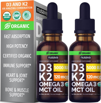 NUSAVA Vitamin B12 Liquid Drops and Unflavored D3 K2 Bundle — Daily Wellness Liquid Vitamins for Energy & Immune Support — Non-GMO, Gluten-Free, 2pk Each
