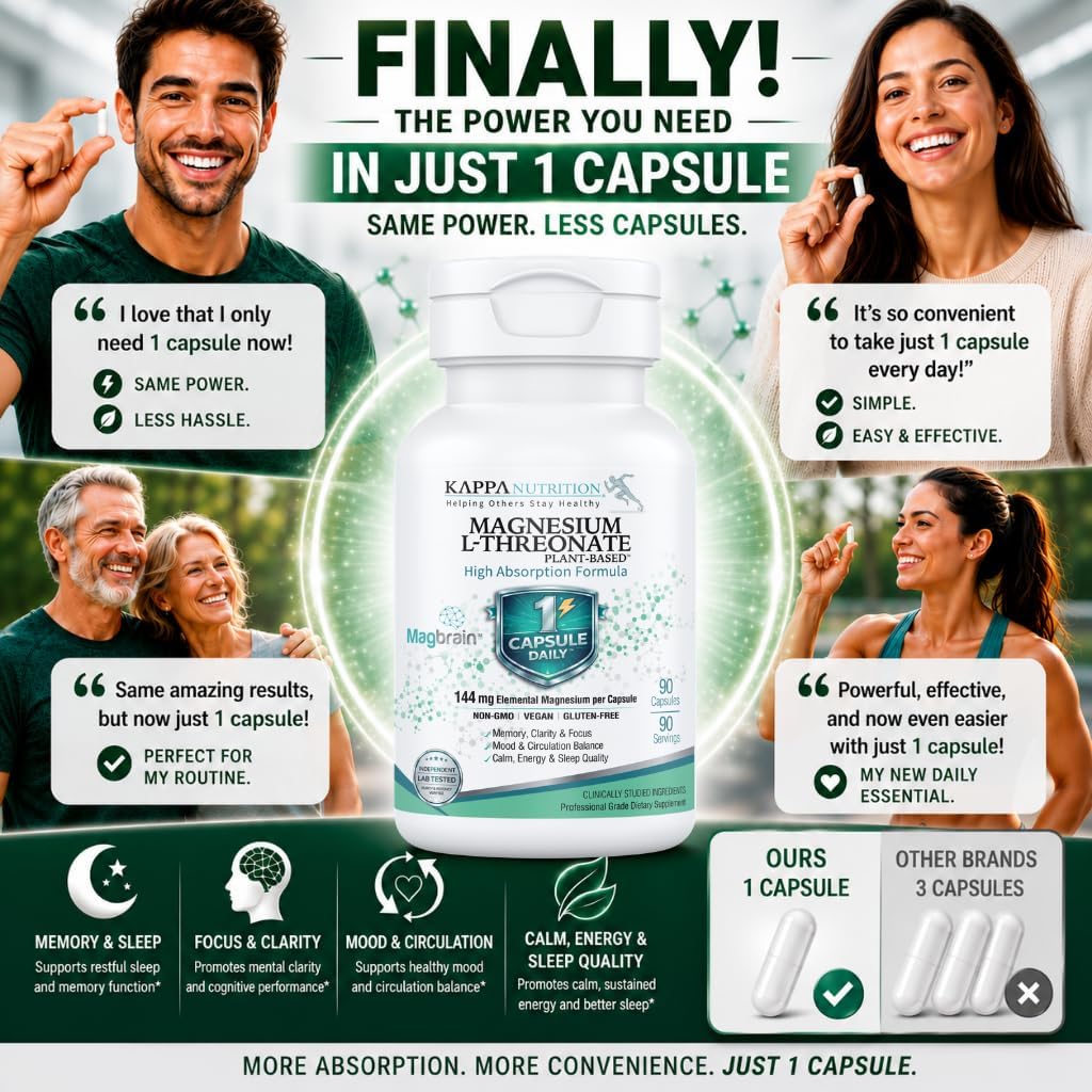 Kappa Nutrition, Magbrain® Plant‑Derived Magnesium L‑Threonate, 144 mg Elemental Magnesium, Brain & Nervous System Support, 60 Vegan Capsules, Once‑Daily Biocomplex.