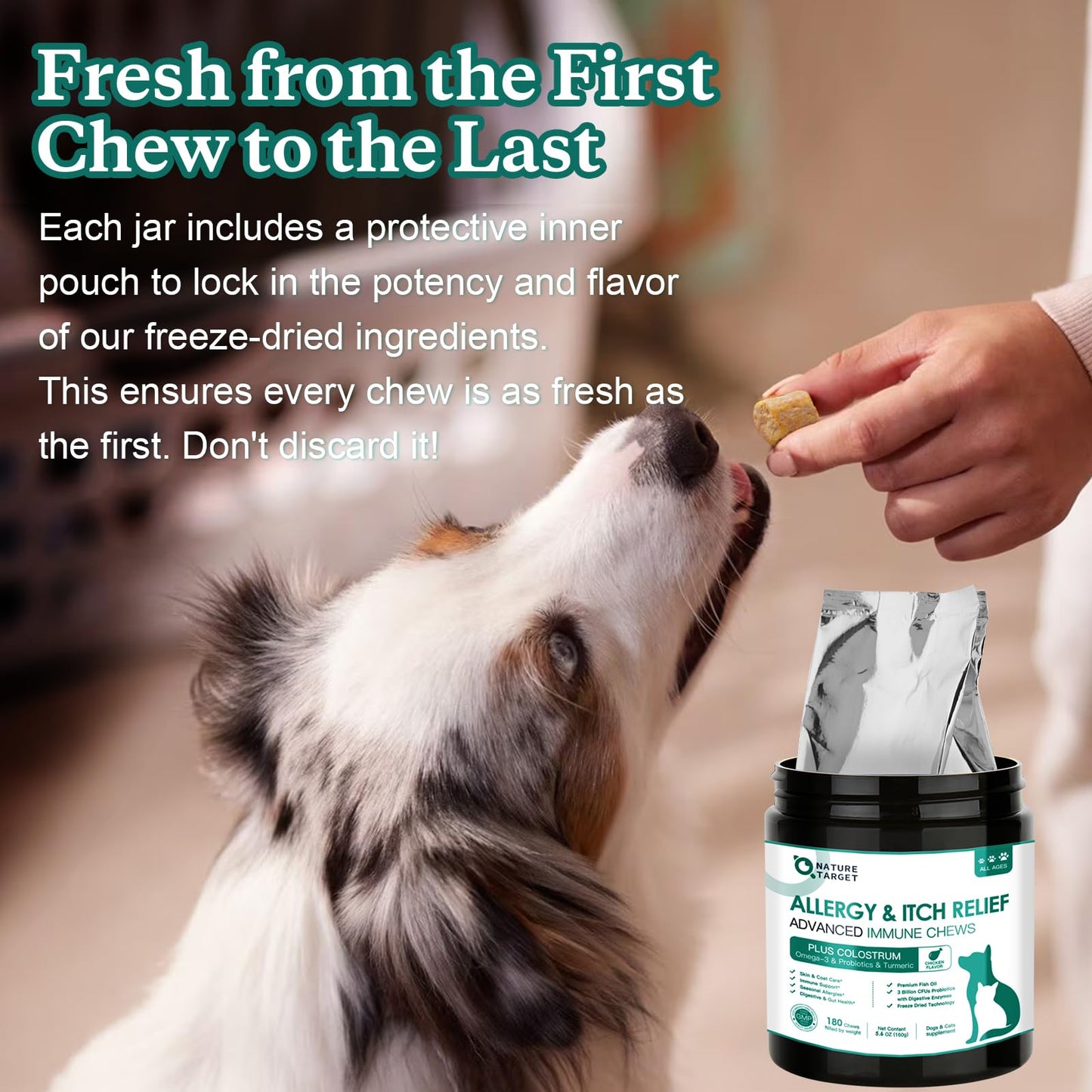 NATURE TARGET Dog Allergy Chews, Skin & Gut, Real Chicken, Freeze-Dried | Probiotics & Colostrum, Omega 3, Soothes Hot Spots, Stops Paw Licking, Digestive Health, Daily Immune Support, 120 Chews