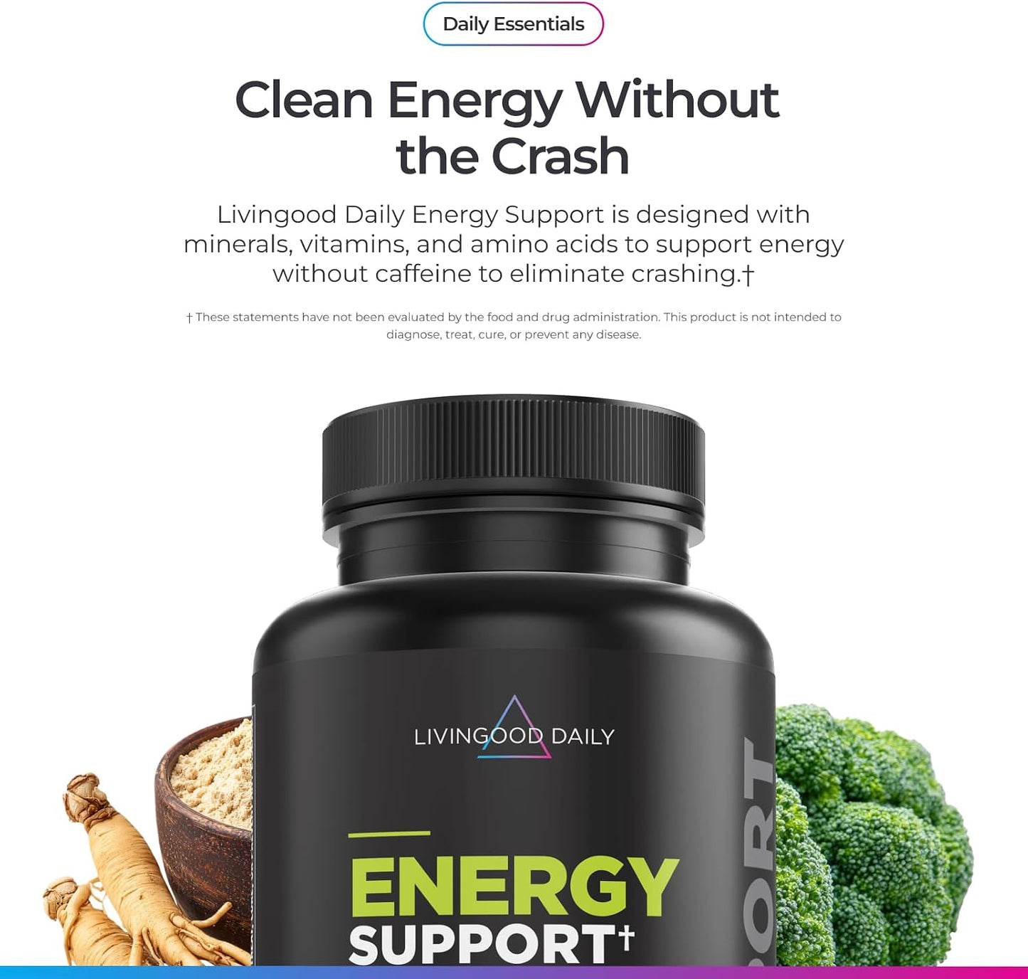 Livingood Daily Energy Support, 11-in-1 Supplement with Magnesium, Vitamin B6, B12, Amino Acids, L Carnitine, CoQ10, Ginseng & L Theanine, Supports Natural Energy for Men & Women, Vegan, 60 Capsules
